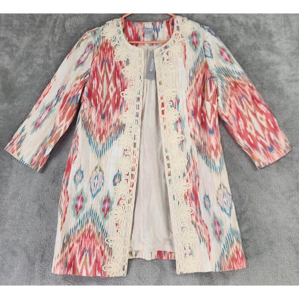 Chicos Jacket Womens Size 8/10 Multicolored Aztec Southwestern Embroidery Open